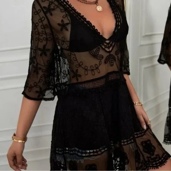 Bohemian Embroidered Floral Lace Sheer Mesh Top Swimsuit Coverup - Picture 4 of 8